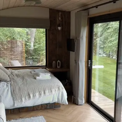 Animation showing a bedroom window and patio door with privacy window film