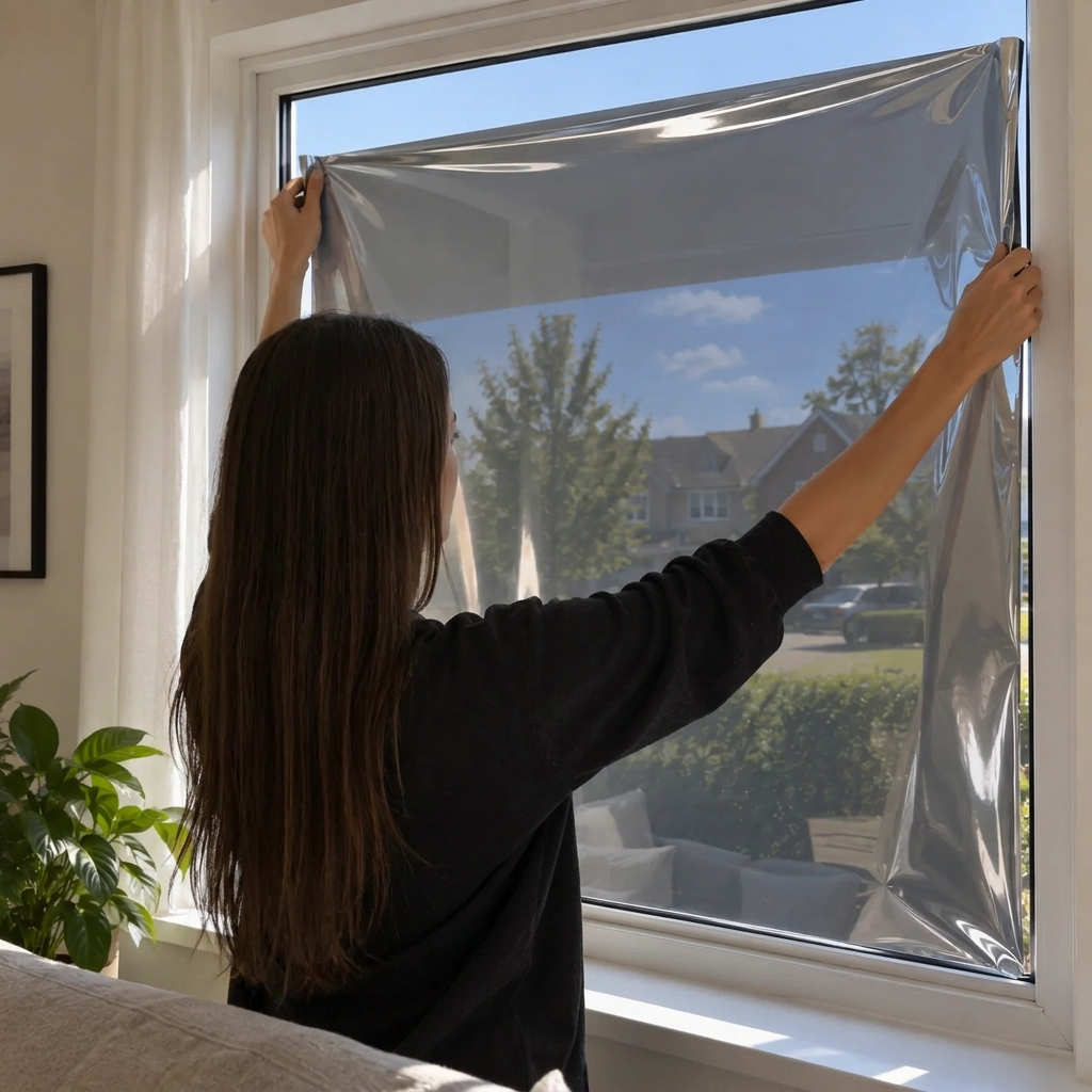 Privacy film being positioned on a window