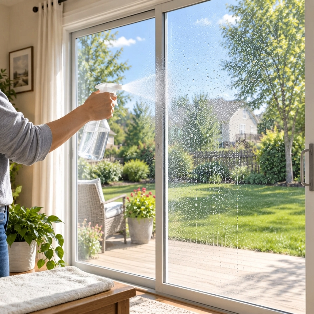 Water being sprayed onto a glass patio door
